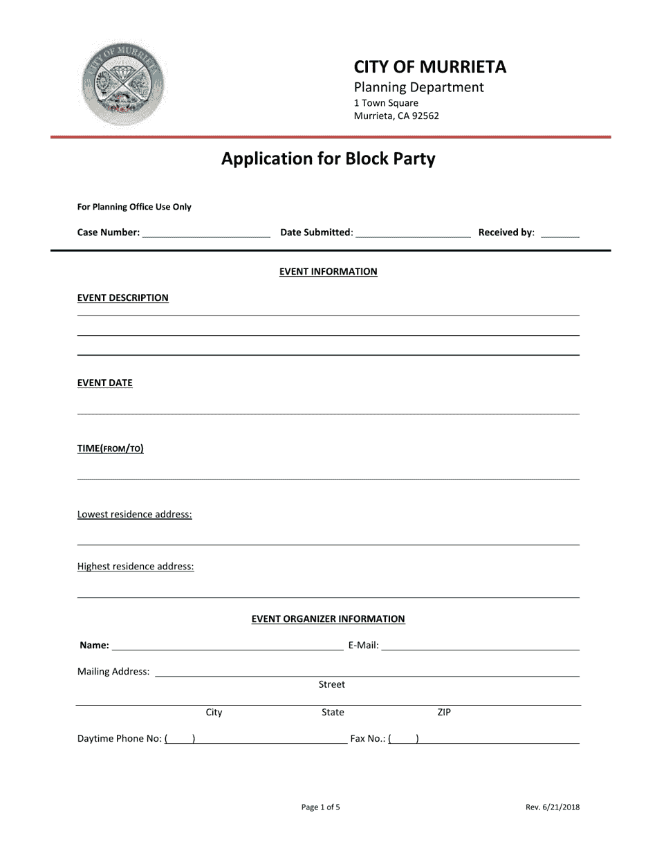 Application for Block Party - City of Murrieta, California, Page 1