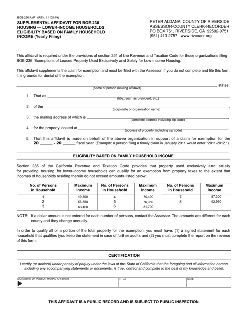 Form BOE-236-A Supplemental Affidavit for Boe-236, Housing - Lower-Income Households Eligibility Based on Family Household Income (Yearly Filing) - County of Riverside, California