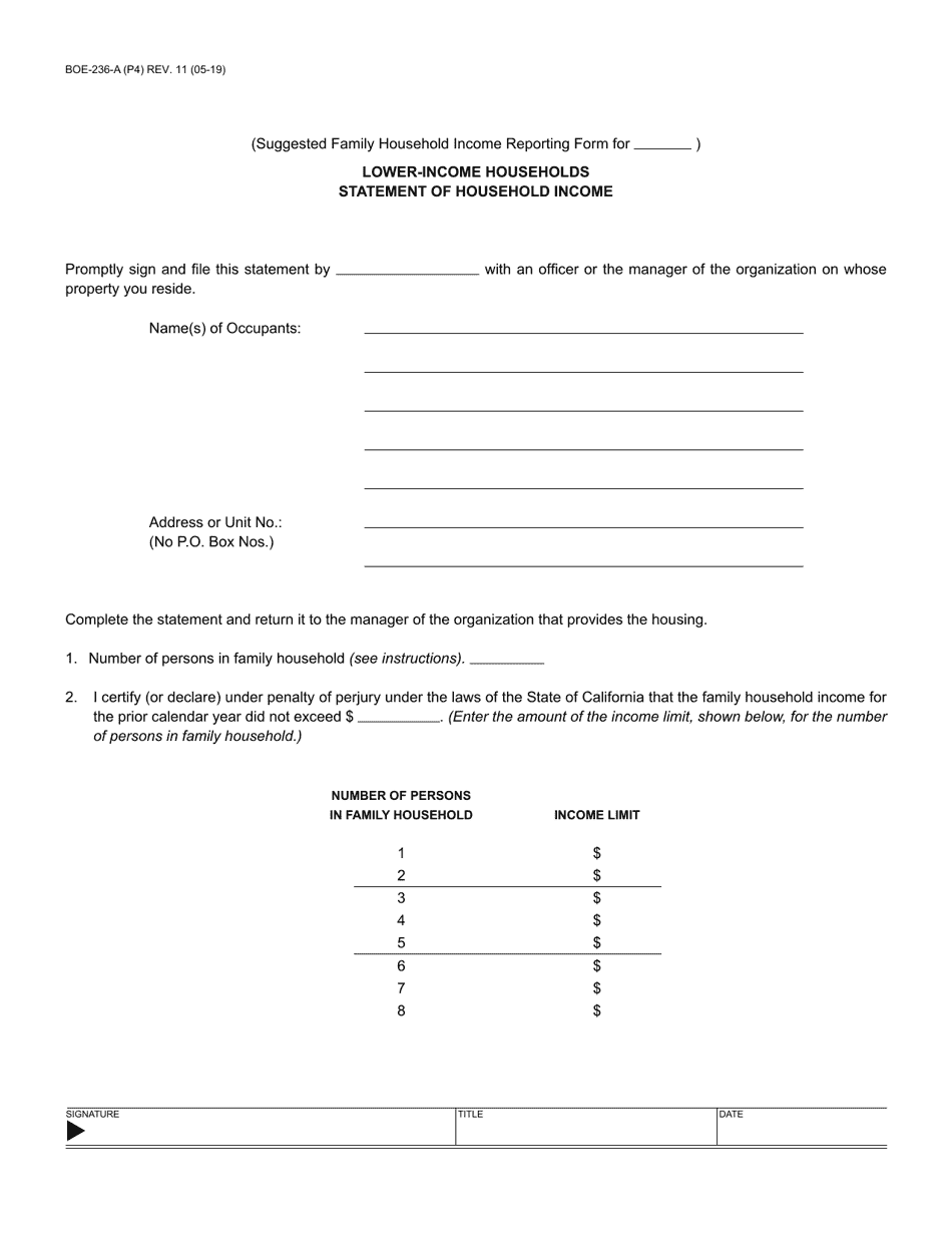 Form BOE-236-A Supplemental Affidavit for Boe-236, Housing - Lower-Income Households Eligibility Based on Family Household Income (Yearly Filing) - County of Riverside, California, Page 4