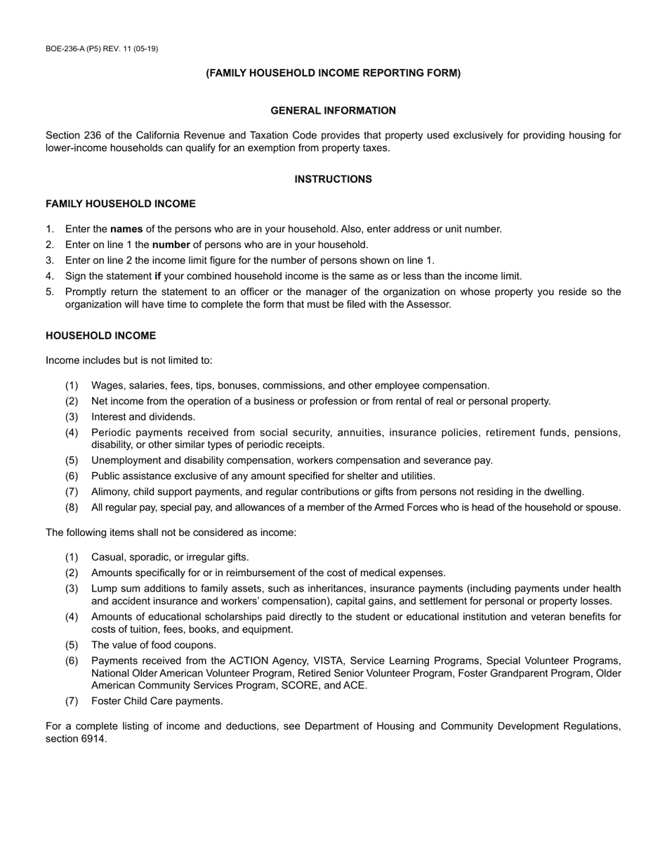 Form BOE-236-A Supplemental Affidavit for Boe-236, Housing - Lower-Income Households Eligibility Based on Family Household Income (Yearly Filing) - County of Riverside, California, Page 5