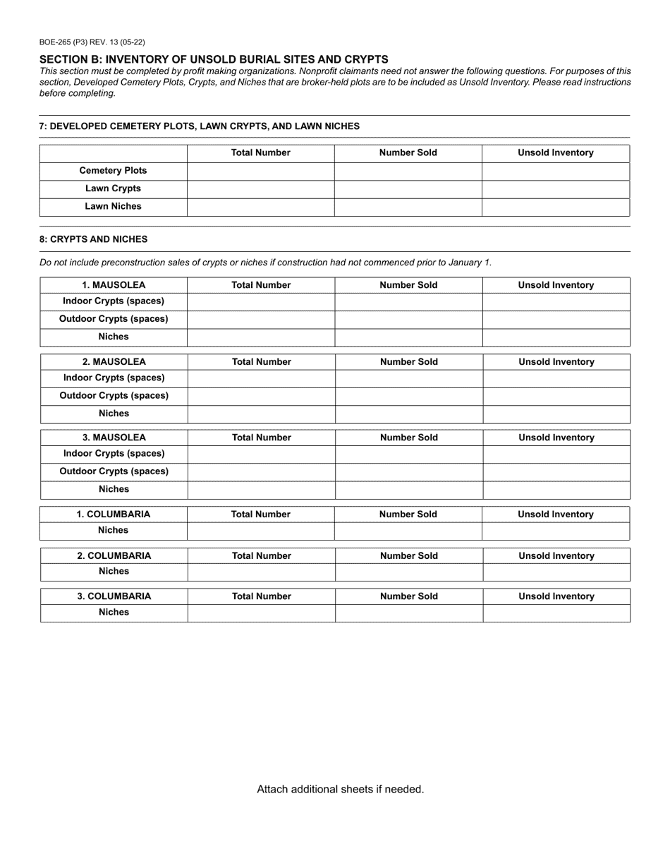 Form BOE265 Download Fillable PDF or Fill Online Cemetery Exemption