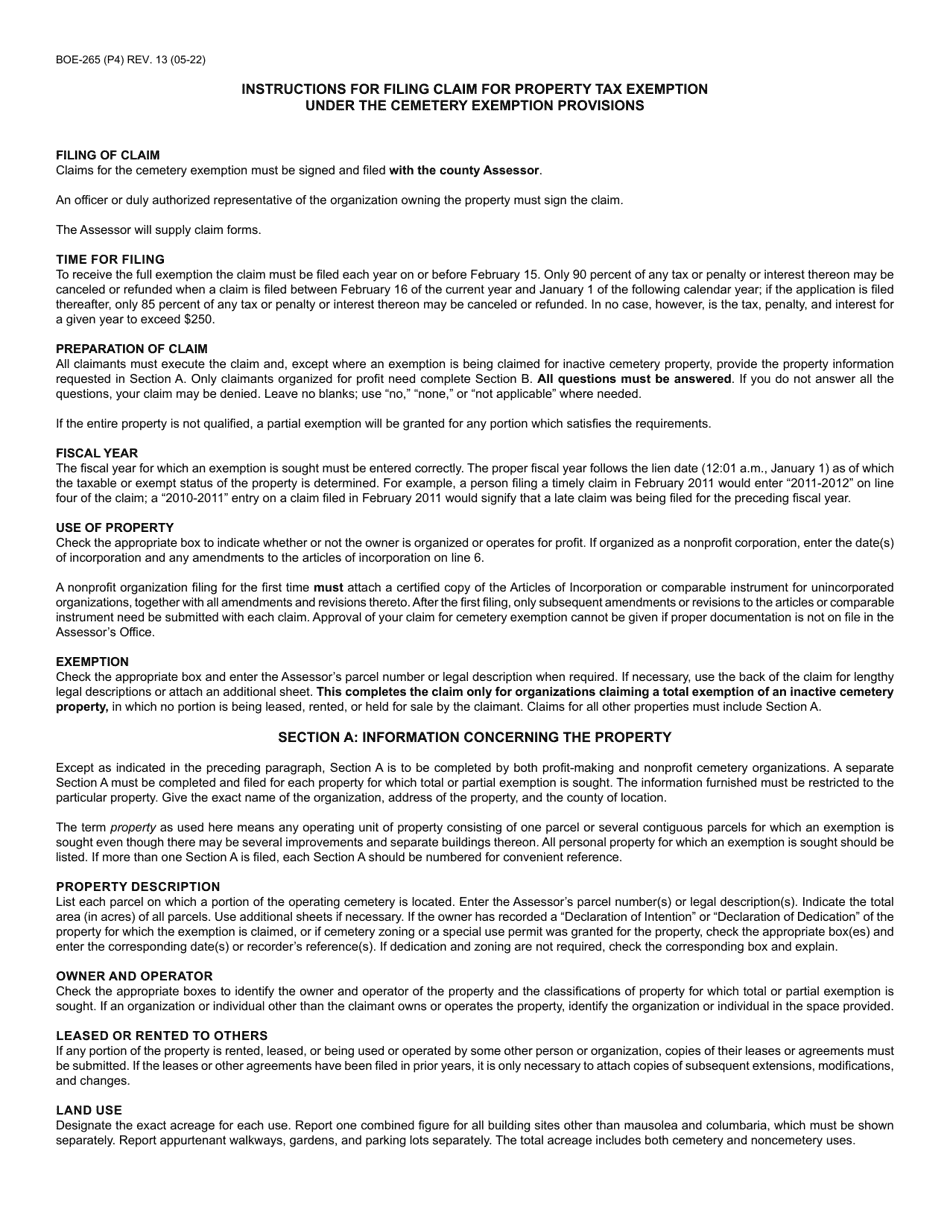 Form BOE265 Download Fillable PDF or Fill Online Cemetery Exemption
