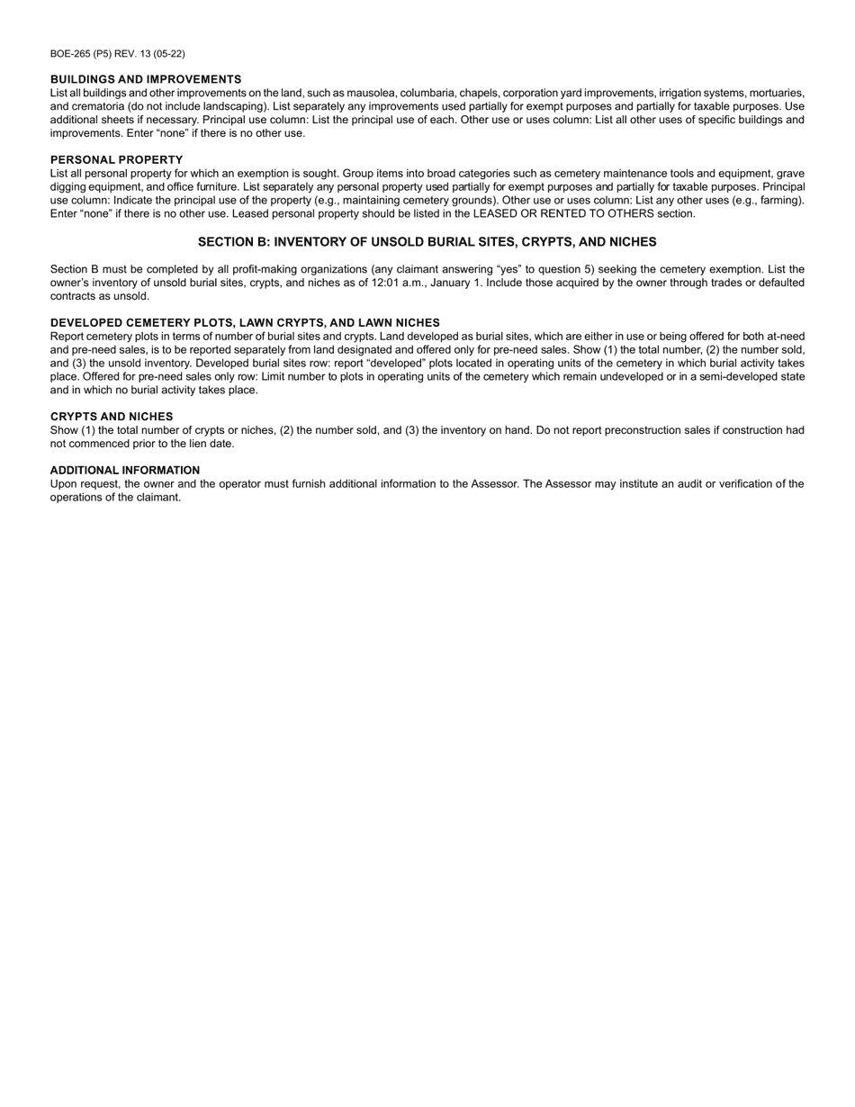 Form BOE265 Download Fillable PDF or Fill Online Cemetery Exemption