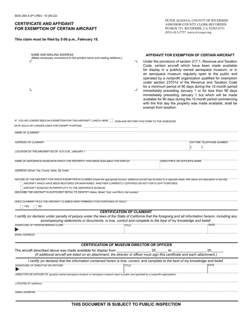 Form BOE-260-A Certificate and Affidavit for Exemption of Certain Aircraft - County of Riverside, California