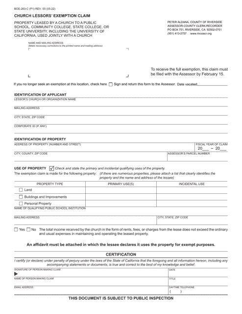 Form BOE-263-C Church Lessors' Exemption Claim - County of Riverside, California
