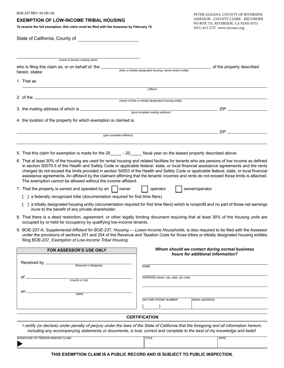 Form BOE-237 Exemption of Low-Income Tribal Housing - County of Riverside, California, Page 1