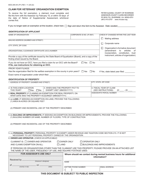 Form BOE-269-AH Claim for Veterans' Organization Exemption - County of Riverside, California