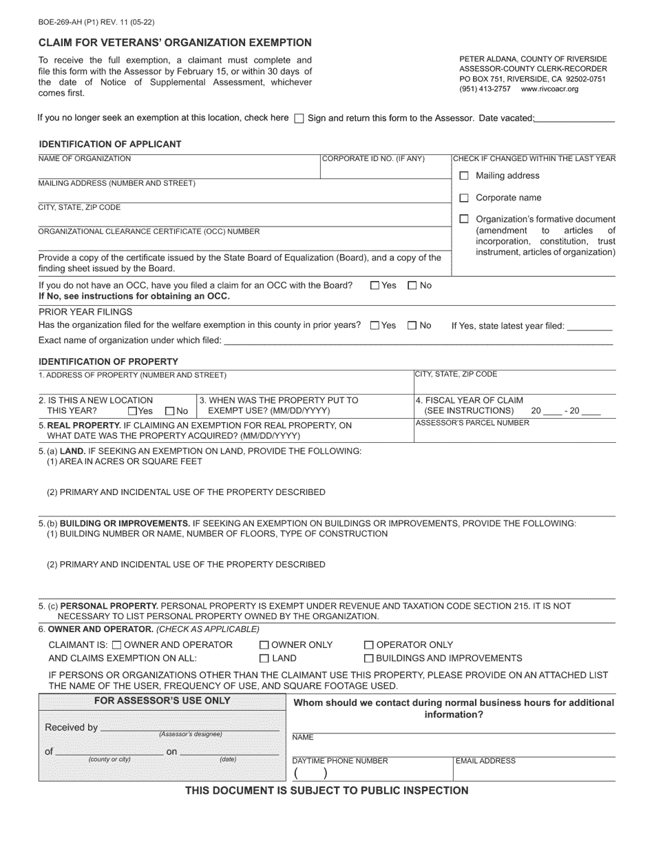 Form BOE-269-AH Claim for Veterans Organization Exemption - County of Riverside, California, Page 1