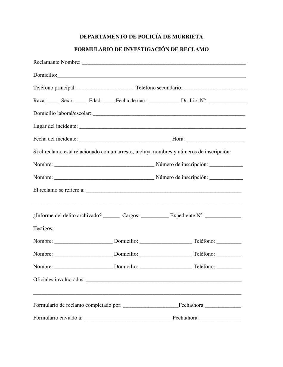Formulario De Investigacion De Reclamo - City of Murrieta, California (Spanish), Page 3