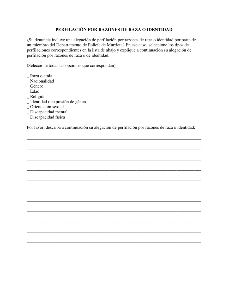 Formulario De Investigacion De Reclamo - City of Murrieta, California (Spanish), Page 5