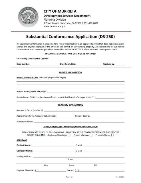 Form DS-250 Substantial Conformance Application - City of Murrieta, California