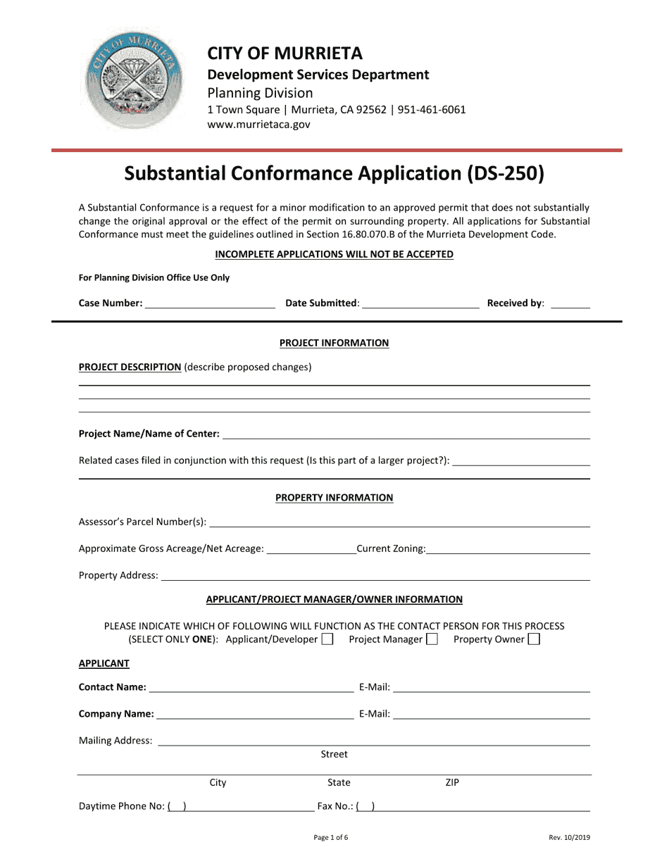Form DS-250 Substantial Conformance Application - City of Murrieta, California, Page 1
