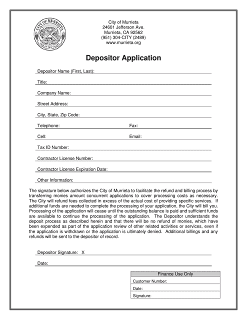 Depositor Application - City of Murrieta, California Download Pdf