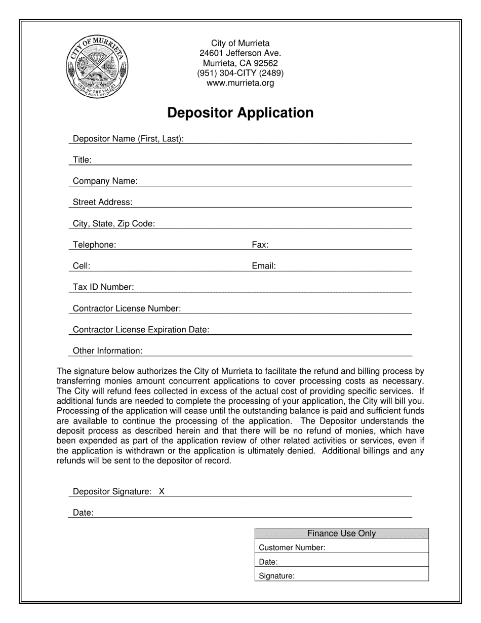Depositor Application - City of Murrieta, California, Page 1