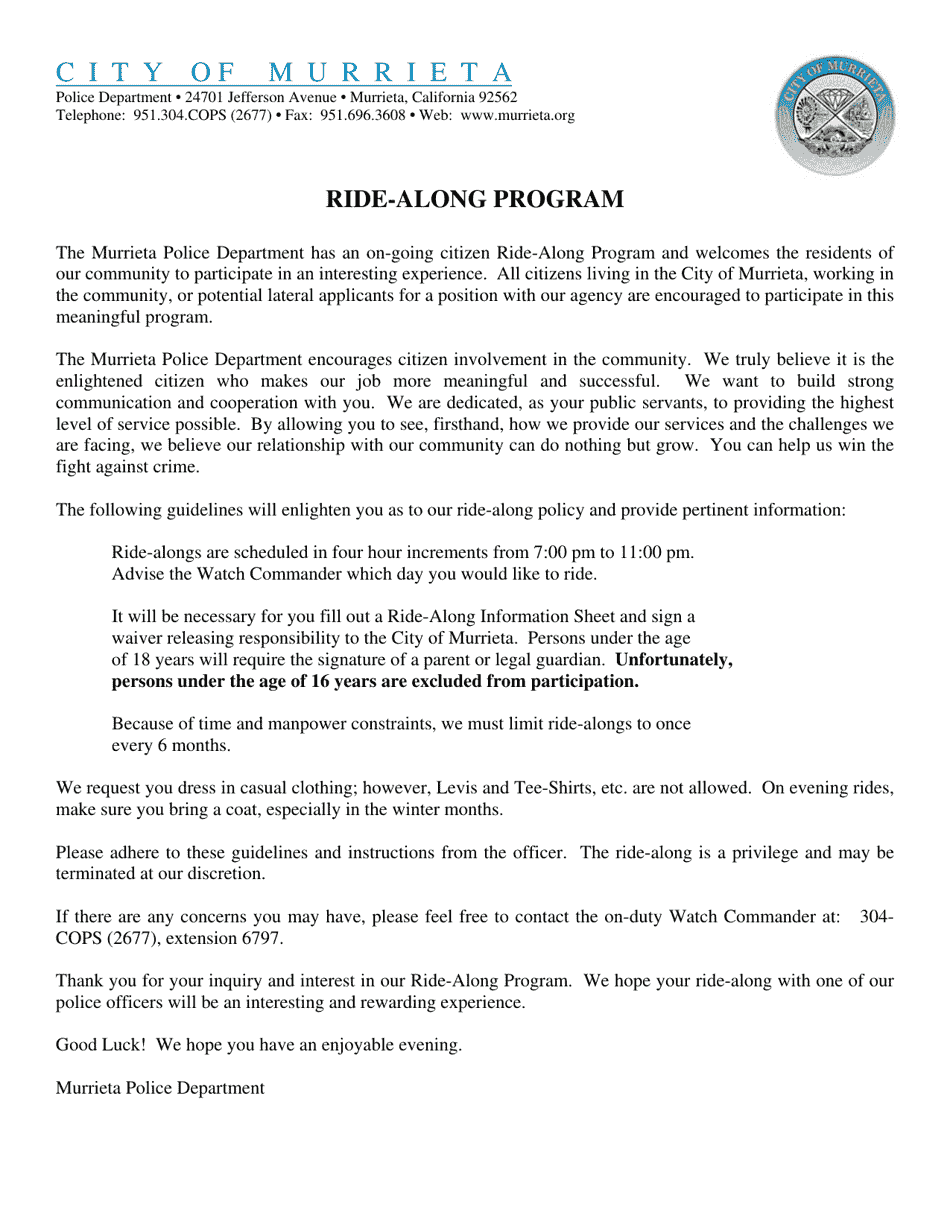 City of Murrieta, California Ride Along Request Form Fill Out, Sign