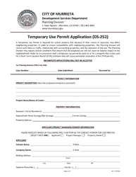 Document preview: Form DS-252 Temporary Use Permit Application - City of Murrieta, California