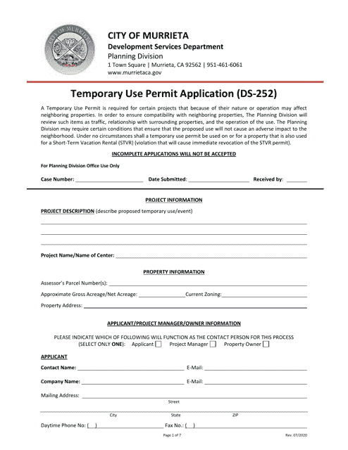 Form DS-252 Temporary Use Permit Application - City of Murrieta, California