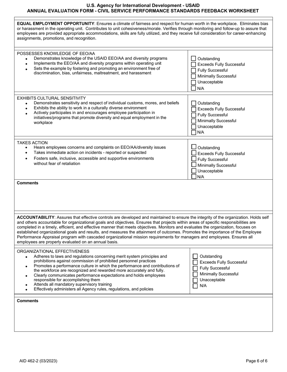 Form AID462-2 Annual Evaluation Form - Civil Service Performance Standards Feedback Worksheet, Page 6