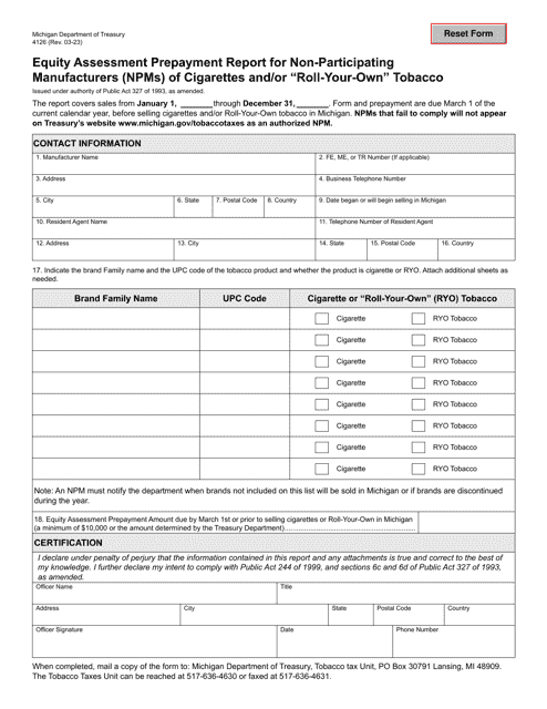 Form 4126 Equity Assessment Prepayment Report for Non-participating Manufacturers (Npms) of Cigarettes and/or Roll-Your-Own Tobacco - Michigan