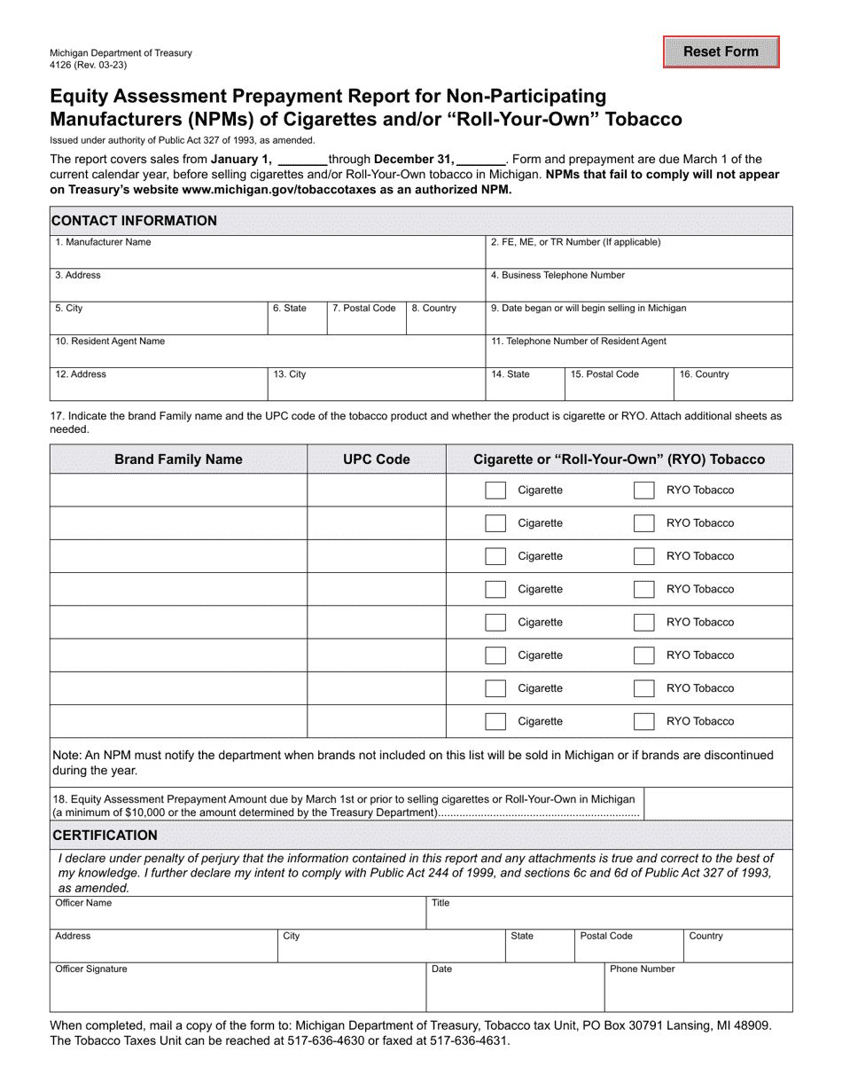 Form 4126 Equity Assessment Prepayment Report for Non-participating Manufacturers (Npms) of Cigarettes and / or Roll-Your-Own Tobacco - Michigan, Page 1