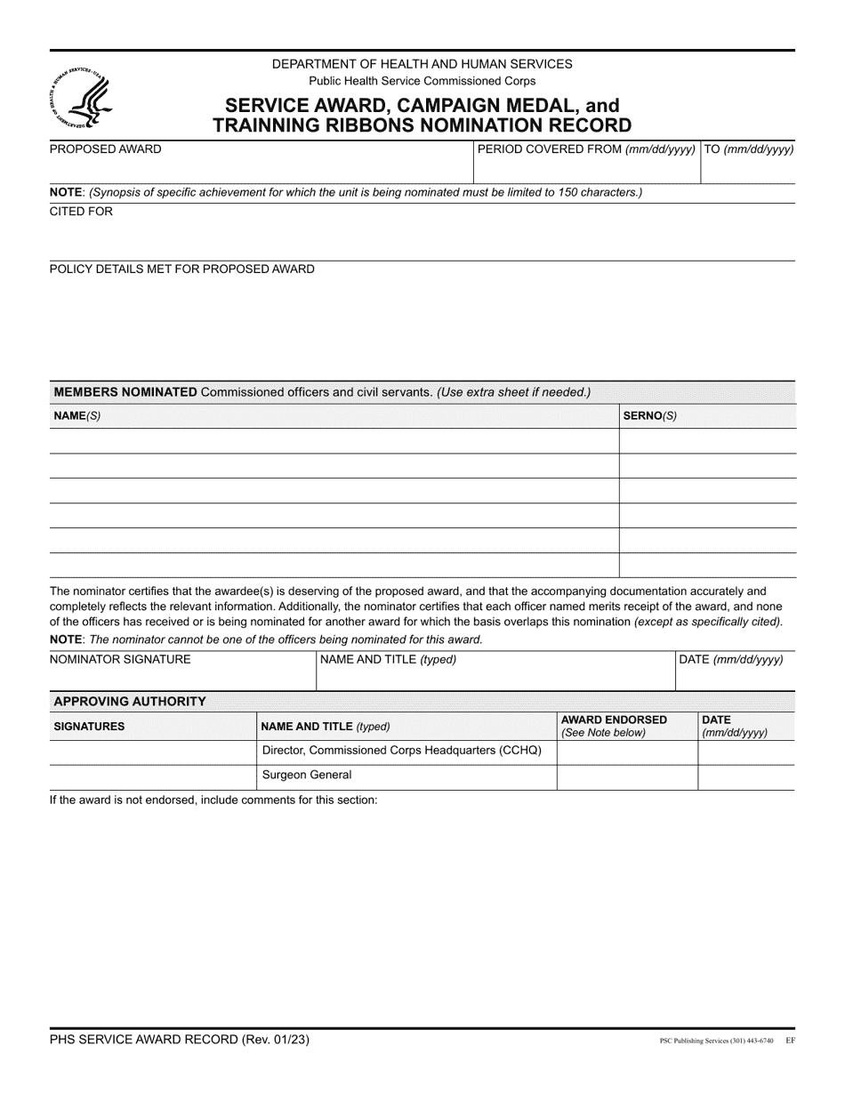Phs Service Award, Campaign Medal, and Training Ribbons Nomination Record, Page 1