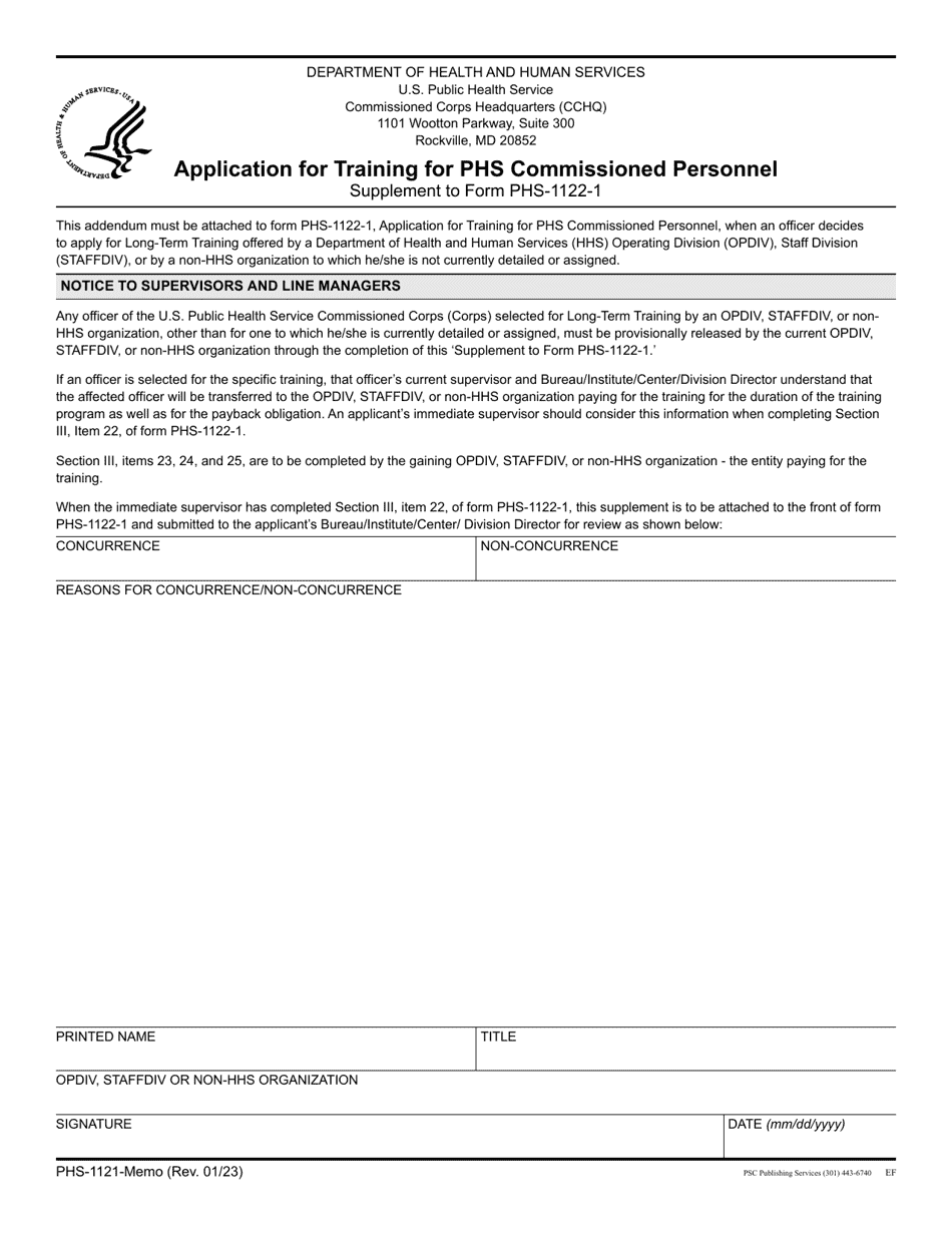 Form PHS-1122-MEMO Supplement to Application for Training for Phs Commissioned Personnel, Page 1