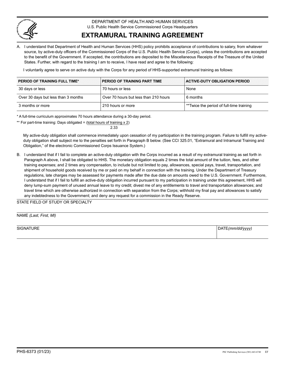 Form PHS-6373 Extramural Training Agreement, Page 1