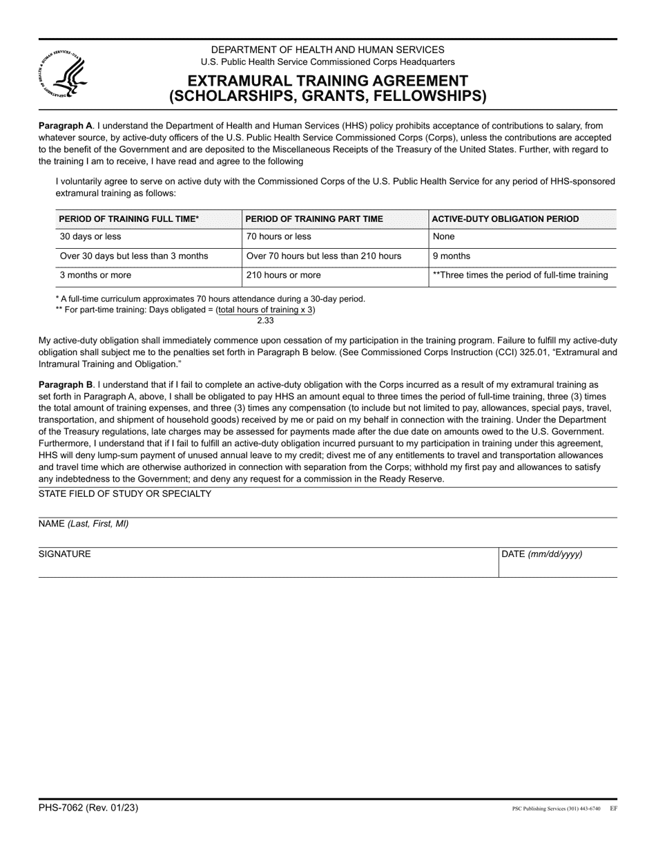 Form PHS-7062 Extramural Training Agreement (Scholarships, Grants, Fellowships), Page 1