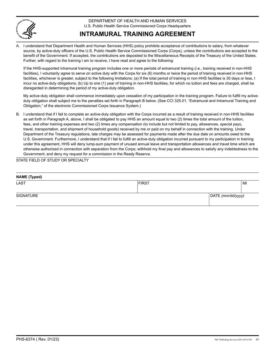 Form PHS-6374 Intramural Training Agreement, Page 1