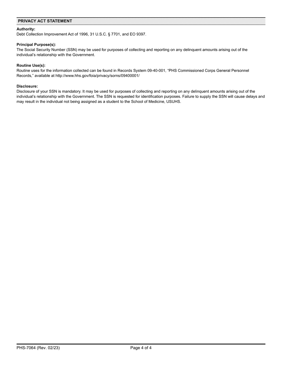 Form PHS-7064 Training Agreement for Officers Assigned as Students to School of Medicine, Page 4