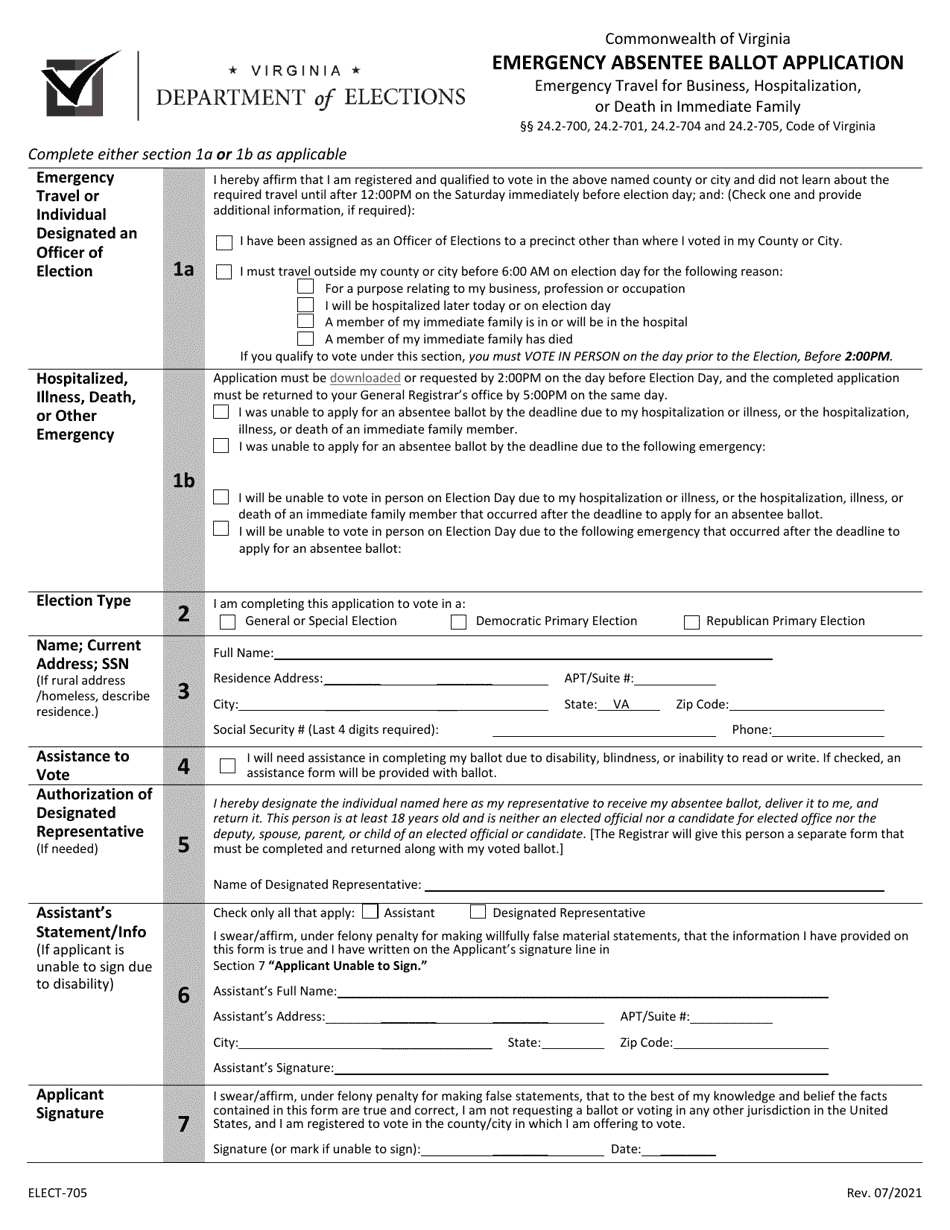 Form ELECT-705 Emergency Absentee Ballot Application - Virginia, Page 1