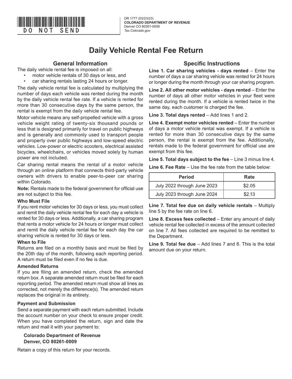 Form DR1777 Download Fillable PDF or Fill Online Daily Vehicle Rental