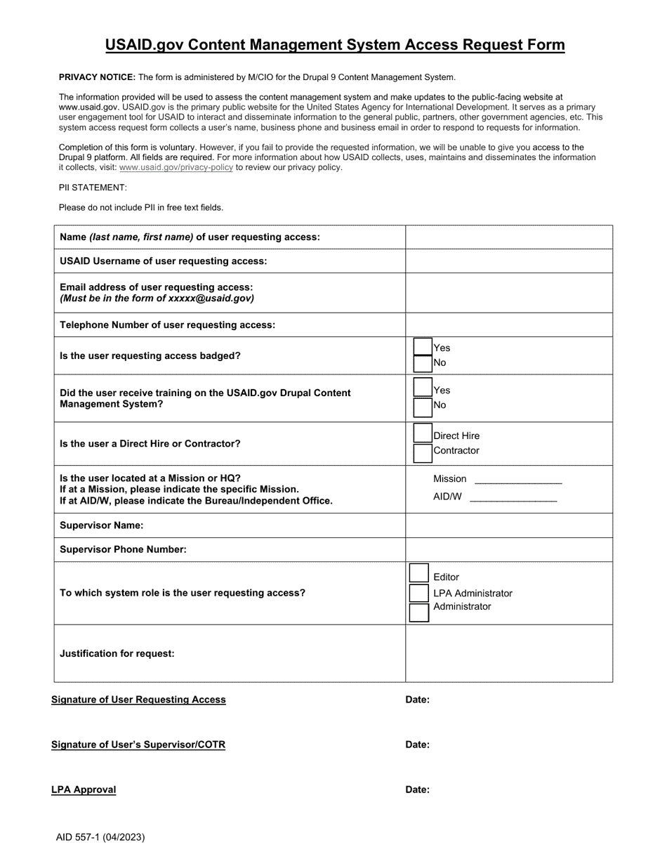 Form AID557-1 Content Management System Access Request Form, Page 1