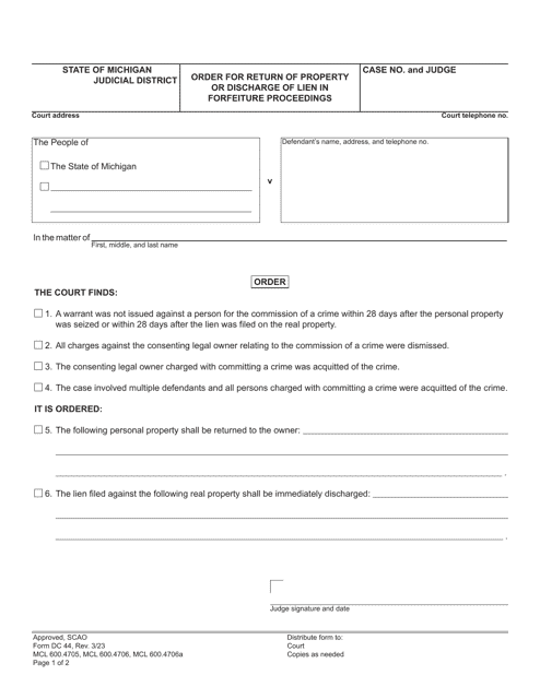 Form DC44 Order for Return of Property or Discharge of Lien in Forfeiture Proceedings - Michigan
