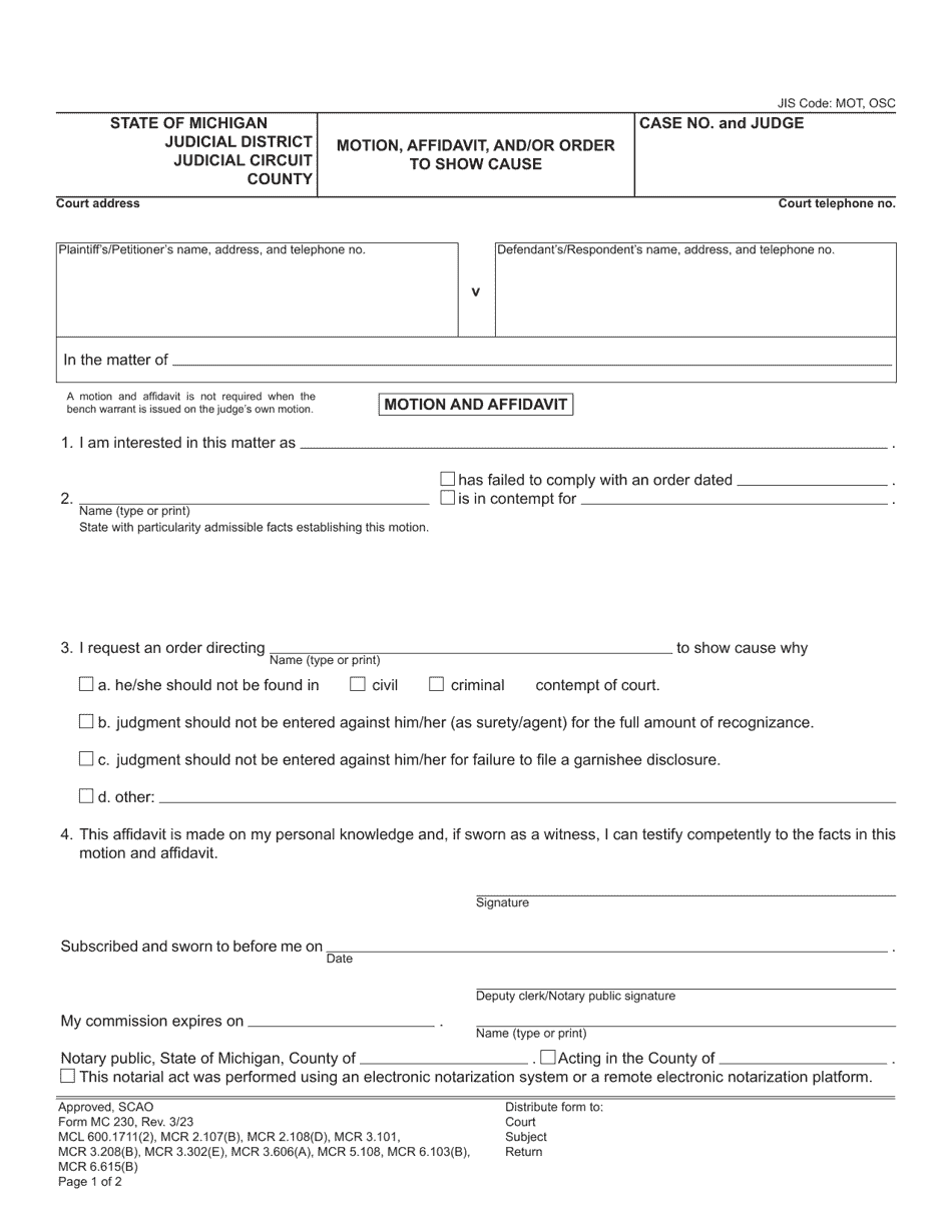 Form MC230 Motion, Affidavit, and / or Order to Show Cause - Michigan, Page 1