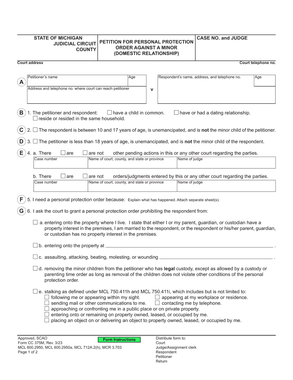 Form CC375M Petition for Personal Protection Order Against a Minor (Domestic Relationship) - Michigan, Page 1