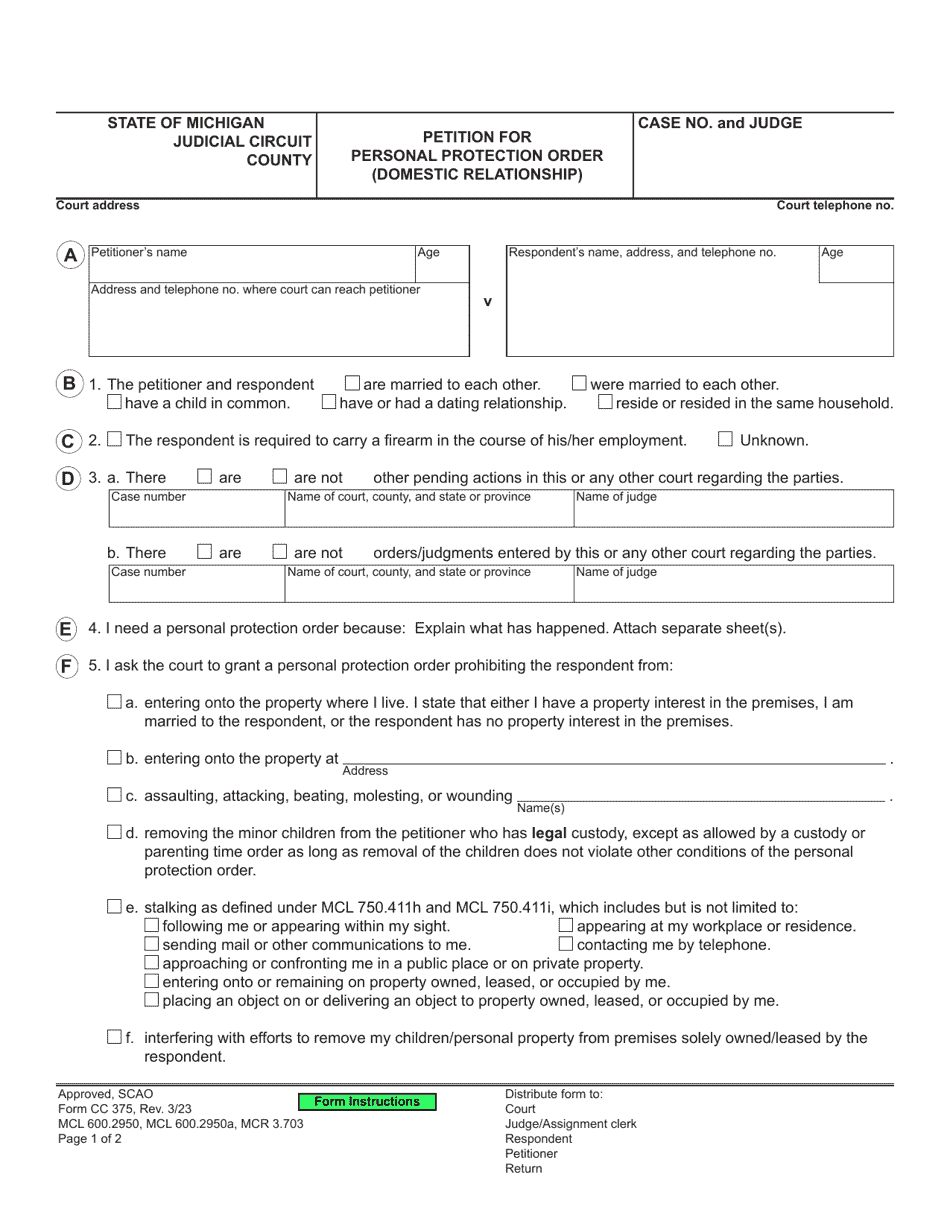 Form CC375 Petition for Personal Protection Order (Domestic Relationship) - Michigan, Page 1