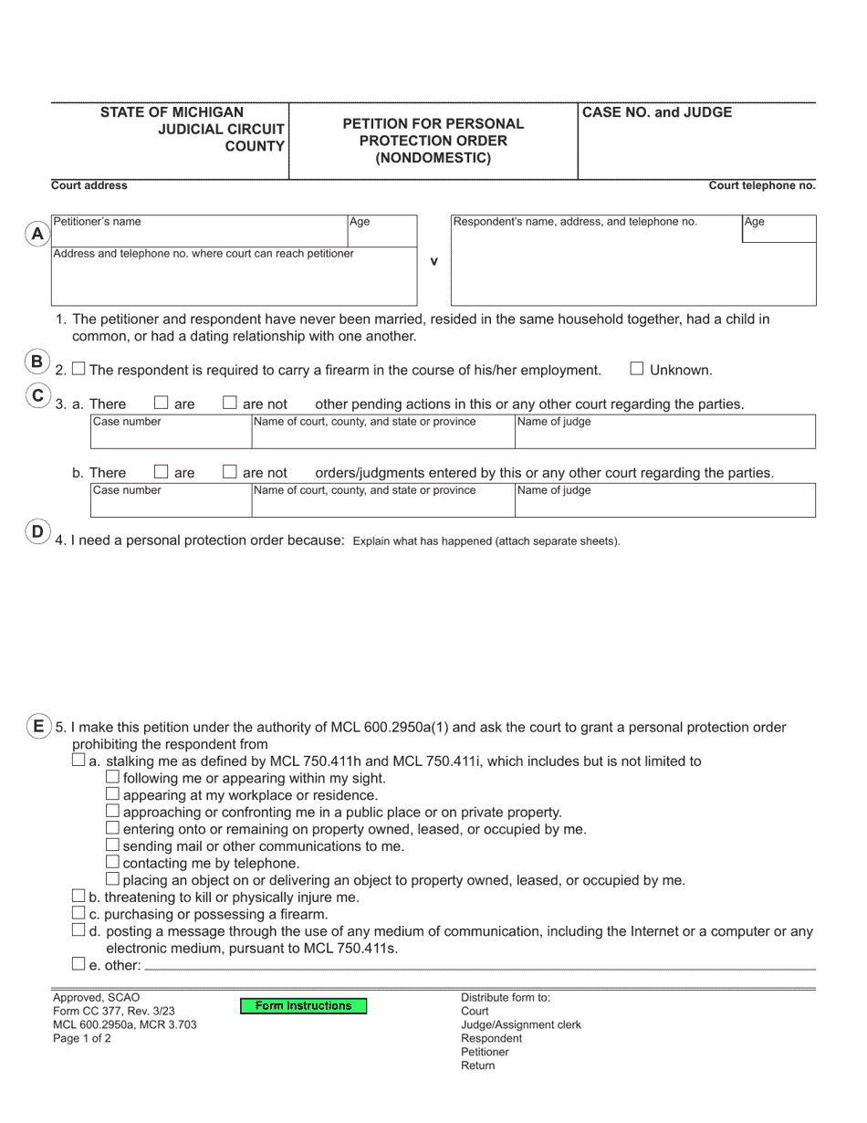 Form CC377 Petition for Personal Protection Order (Nondomestic) - Michigan, Page 1