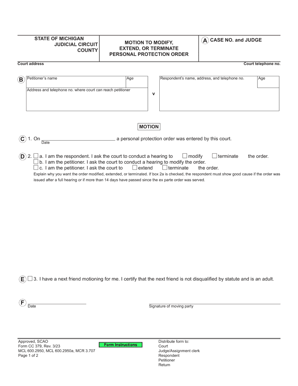 Form CC379 Motion to Modify, Extend, or Terminate Personal Protection Order - Michigan, Page 1
