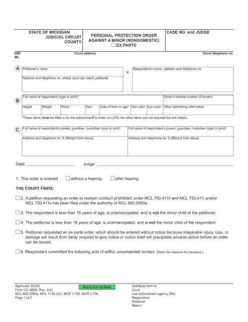 Form CC380M Personal Protection Order Against a Minor (Nondomestic) - Michigan