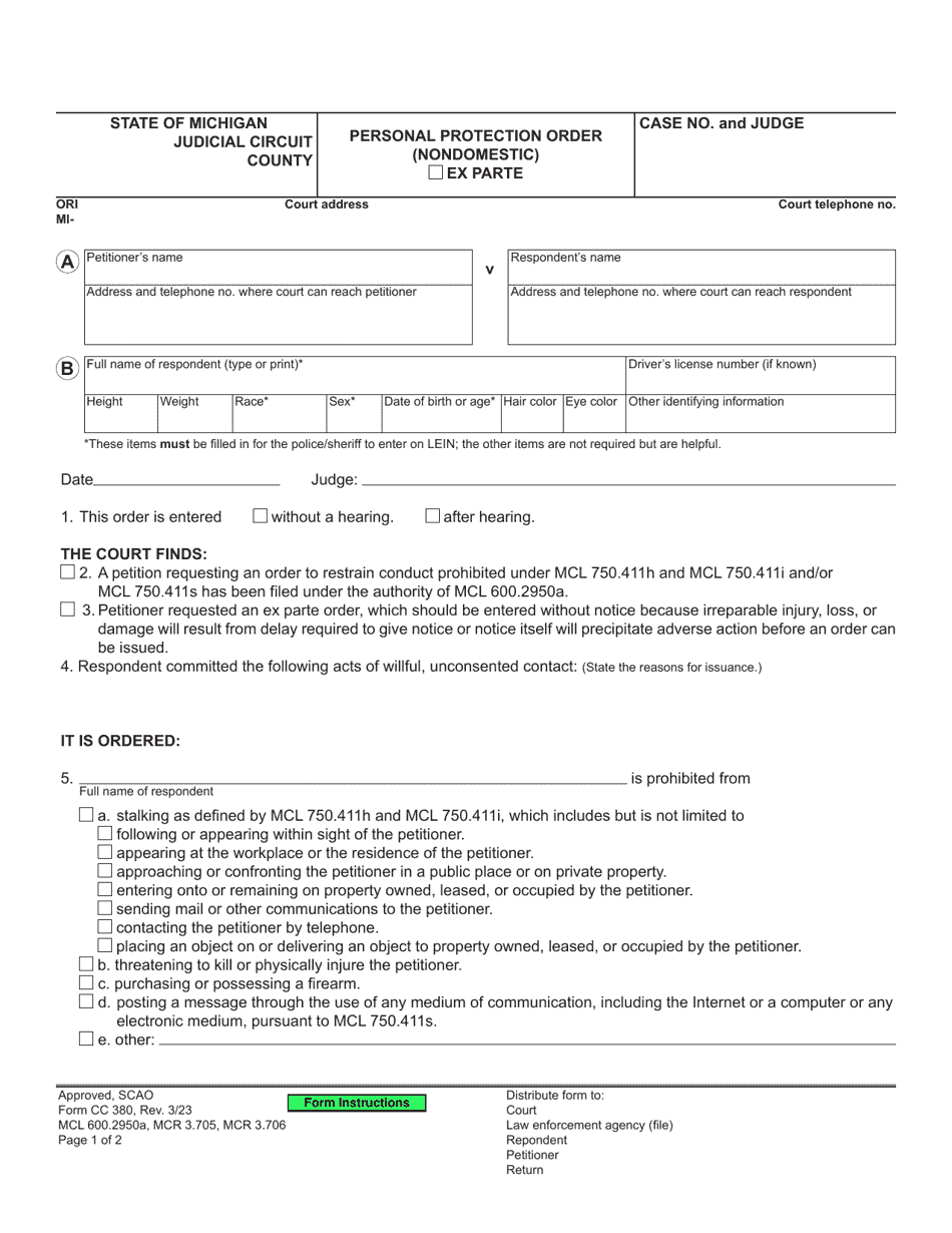 Form CC380 Personal Protection Order (Nondomestic) - Michigan, Page 1