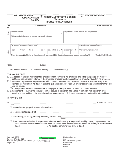 Form CC376 Personal Protection Order (Domestic Relationship) - Michigan
