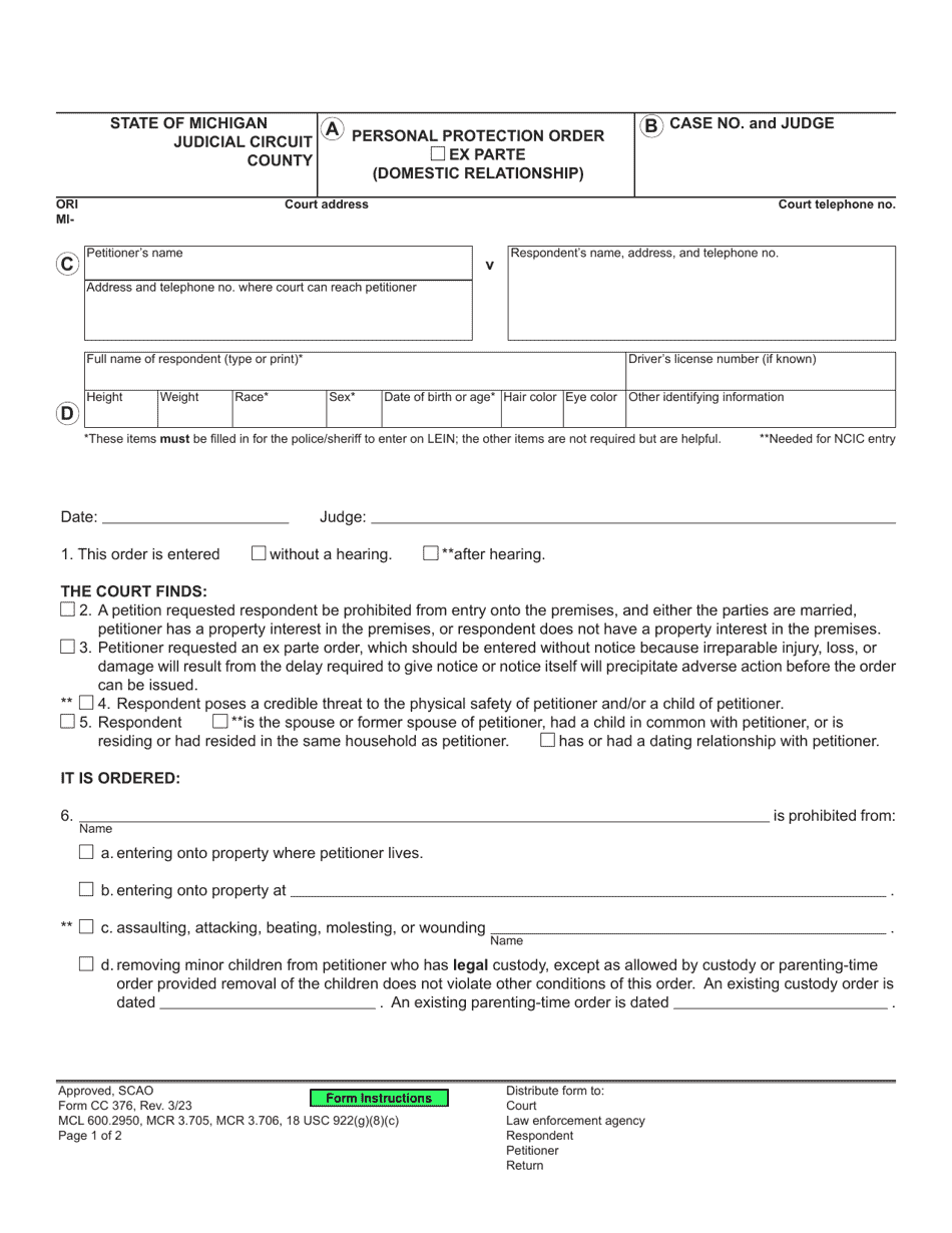 Form CC376 Personal Protection Order (Domestic Relationship) - Michigan, Page 1