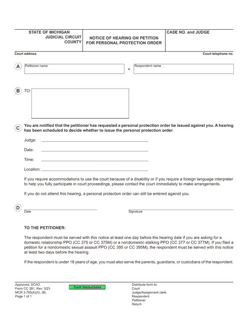 Form CC381 Notice of Hearing on Petition for Personal Protection Order - Michigan