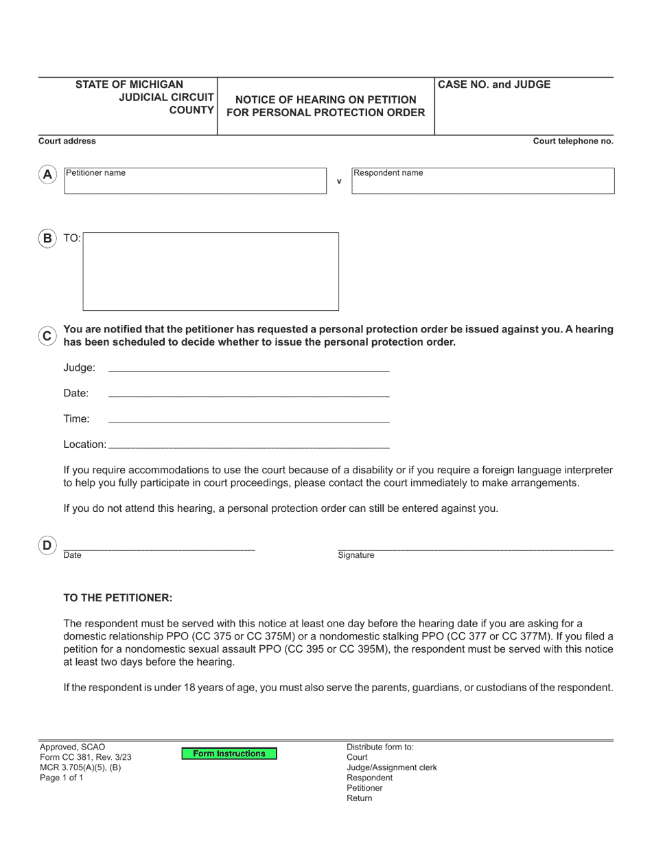 Form CC381 Notice of Hearing on Petition for Personal Protection Order - Michigan, Page 1