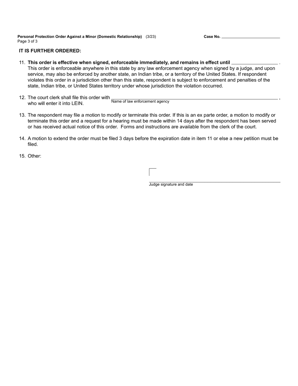 Form CC376M Personal Protection Order Against a Minor (Domestic Relationship) - Michigan, Page 3