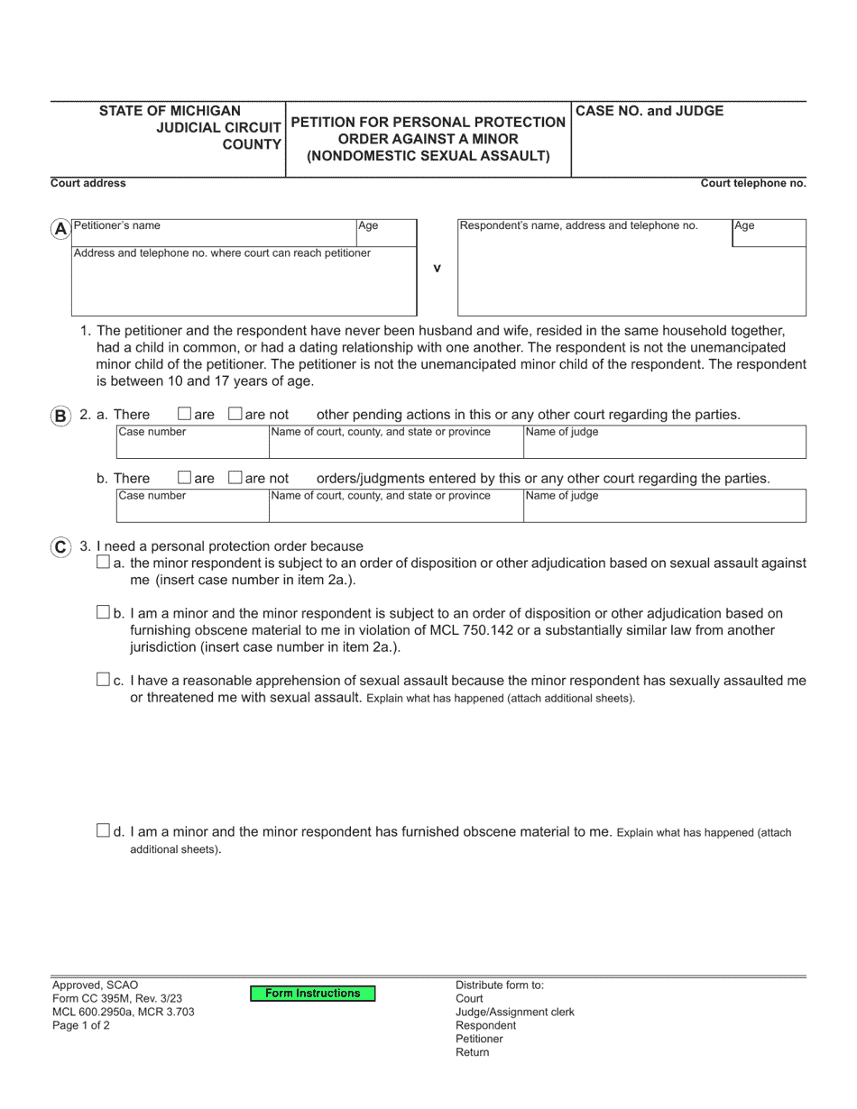 Form CC395M Petition for Personal Protection Order Against a Minor (Nondomestic Sexual Assault) - Michigan, Page 1