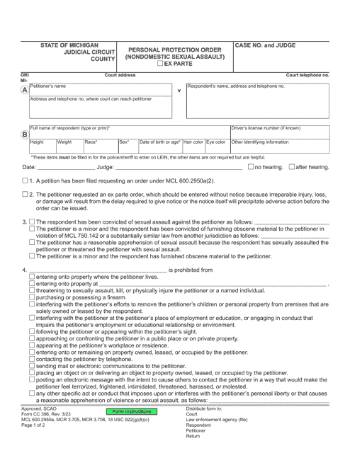 Form CC396 Personal Protection Order (Nondomestic Sexual Assault) - Michigan