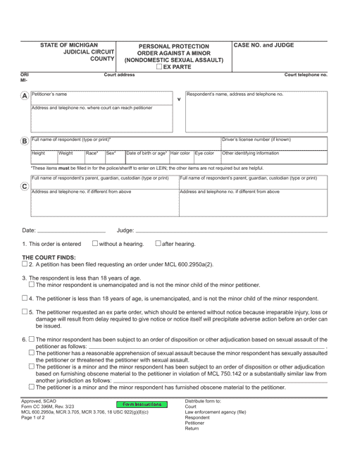Form CC396M Personal Protection Order Against a Minor (Nondomestic Sexual Assault) - Michigan