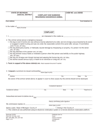 Document preview: Form DC118 Complaint and Summons Regarding Dangerous Animal - Michigan